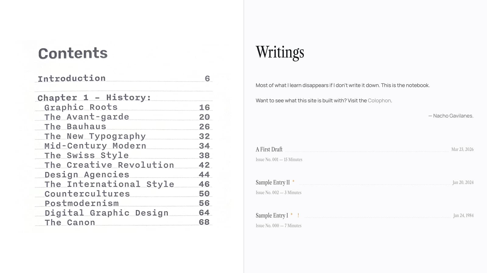Side-by-side comparison: left shows the index from The Graphic Design Bible by Theo Inglis; right shows the homepage issue list clearly inspired by it.